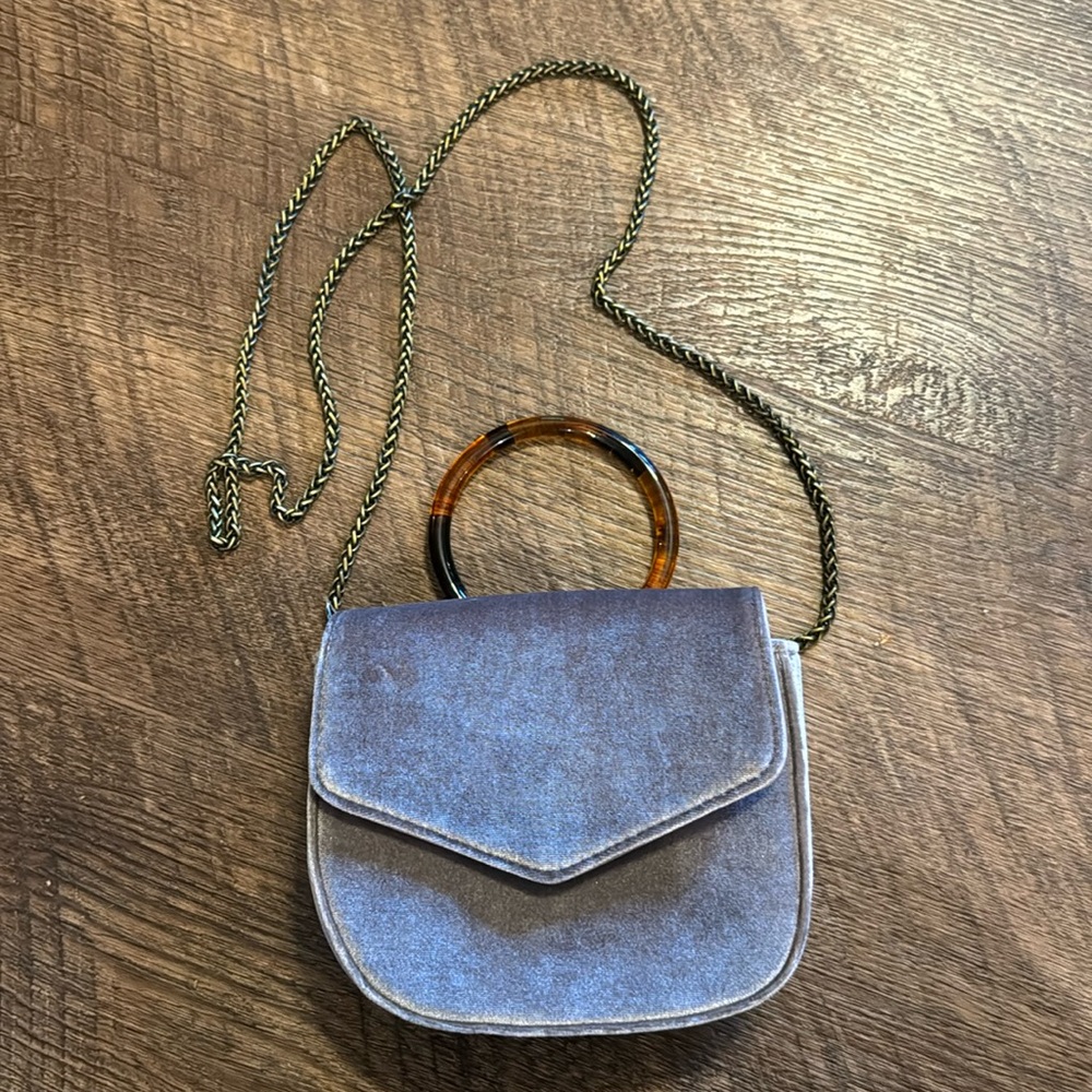 Anthropology Mauve Velvet Crossbody with Circle Faux Tortoise Handle